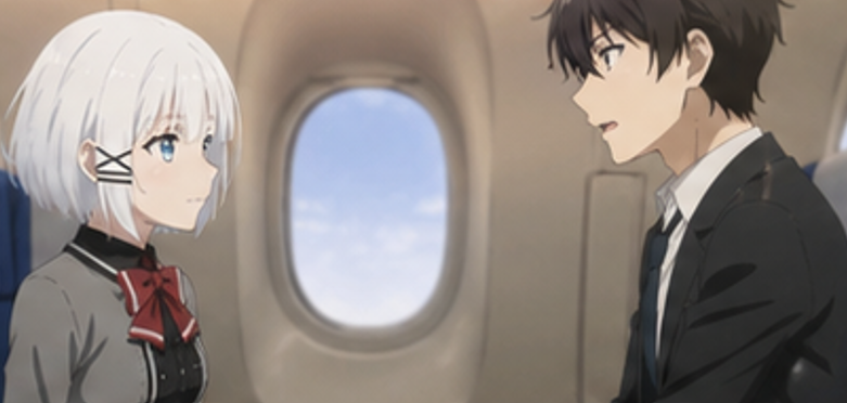 飛行機内で向かい合うシエスタと君塚